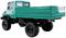 Green lorry from behind, high ground clearance, four large wheels. Ideal for rugged terrain. No visible vehicle signage.