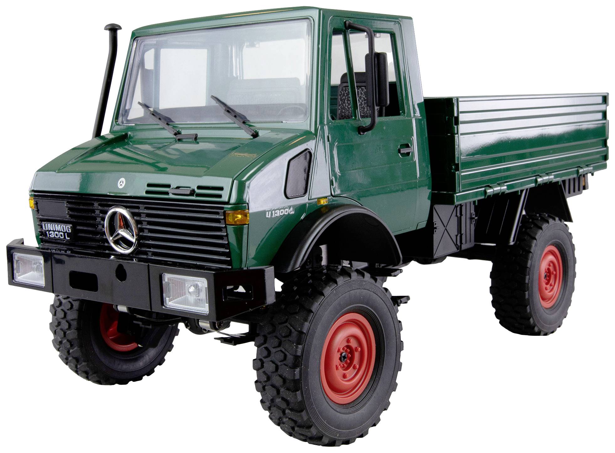 Green lorry with red wheels, model 'Unimog U1300L'. Truck with robust design and off-road capabilities.