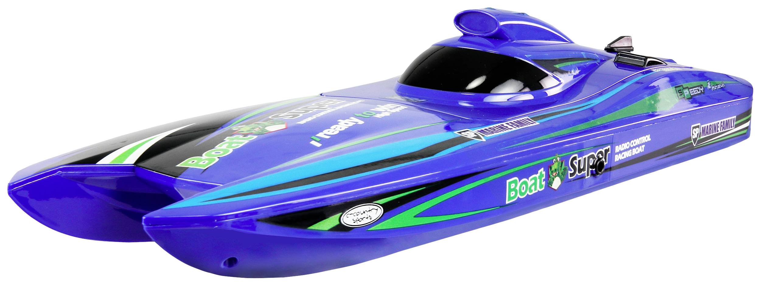 Blue racing boat with streamlined design, striking paintwork and logos on the side, against a white background.