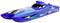 Blue racing boat with streamlined design, striking paintwork and logos on the side, against a white background.