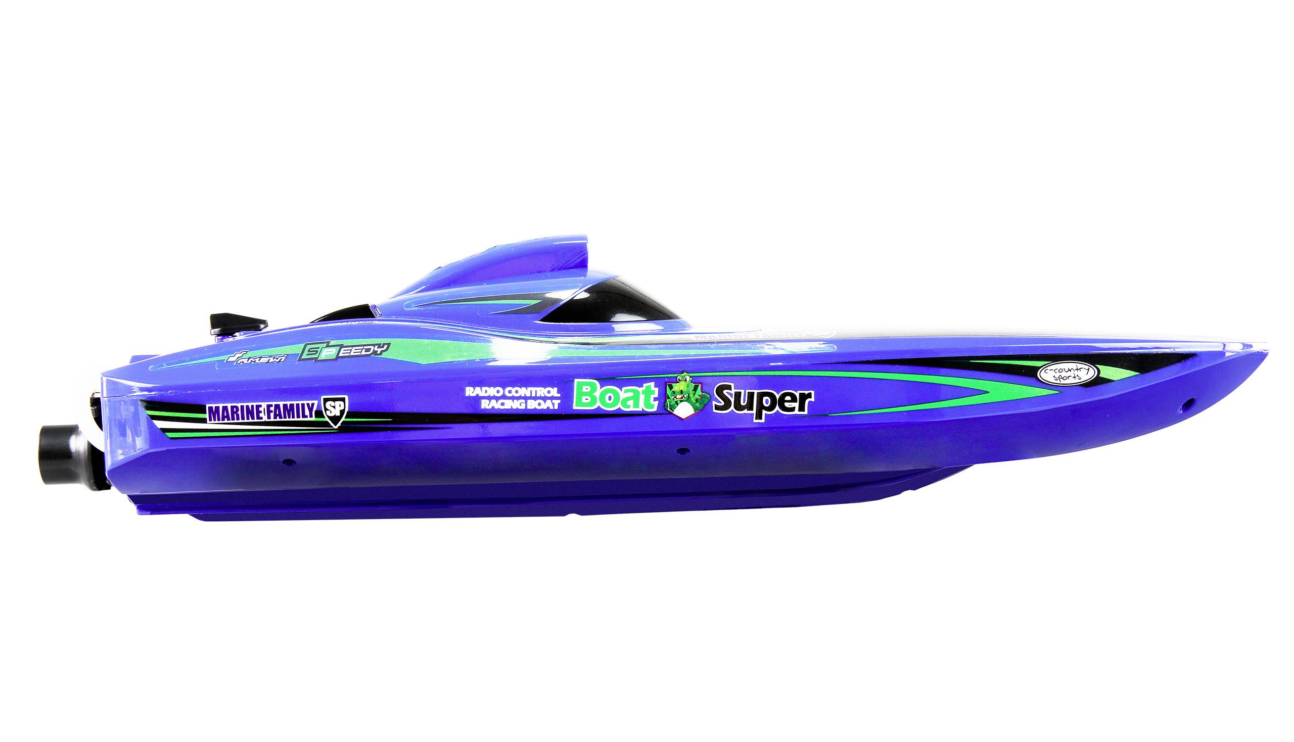A blue, remote-controlled racing boat model with green stripes and logos on the side, shown from the side view.