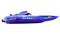 A blue, remote-controlled racing boat model with green stripes and logos on the side, shown from the side view.