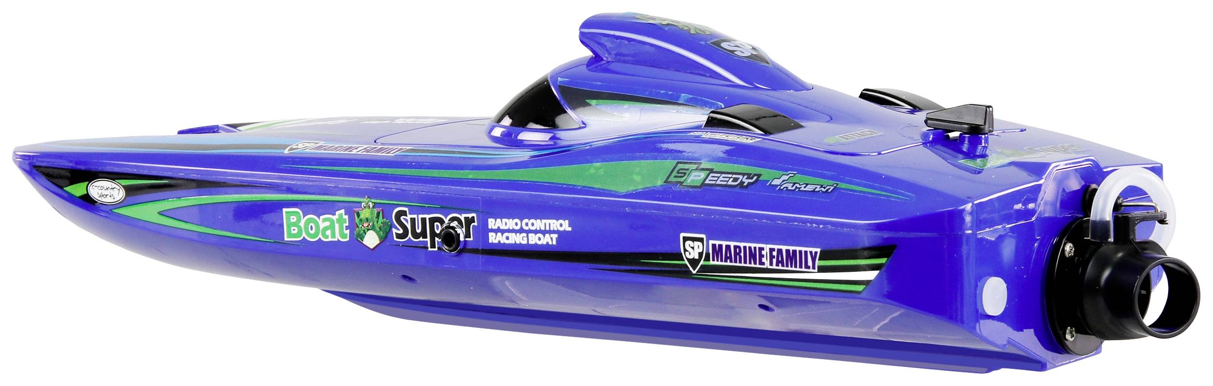 'Remote-controlled racing boat in blue with green accents and prints, side view. Ideal for hobby racing on the water.'
