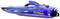 'Remote-controlled racing boat in blue with green accents and prints, side view. Ideal for hobby racing on the water.'