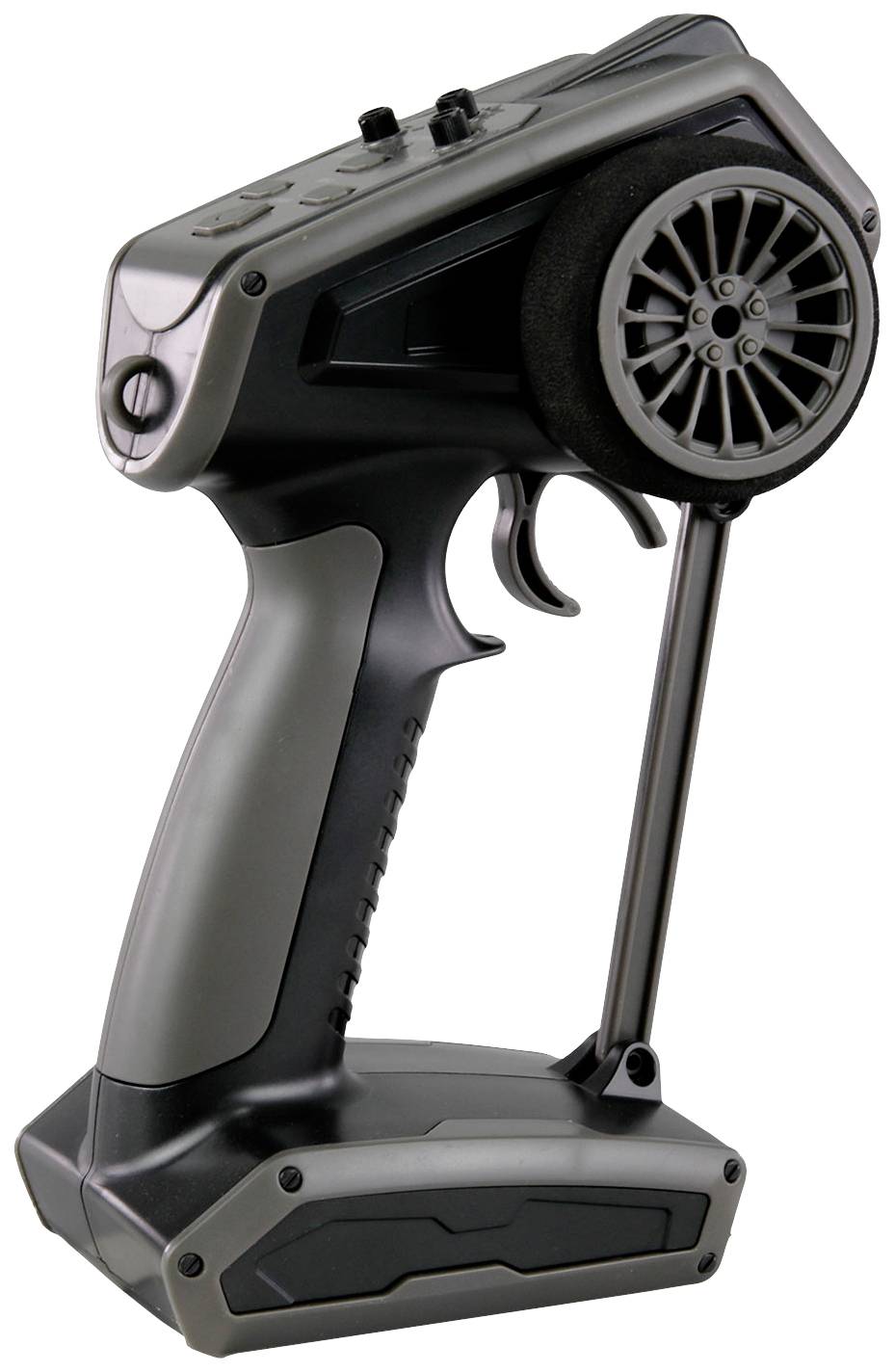 A remote control for RC cars, with a handgrip, trigger, and a large, round steering wheel for precise vehicle control.
