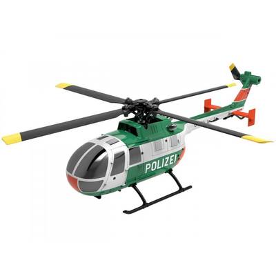 A toy police helicopter in green and white with 'POLICE' on the side. The helicopter has rotor blades and landing skids.