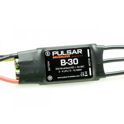 'Pulsar B-30 Brushless ESC', electronic speed controller for motors. Shows specifications: 30A, suitable for 2-4 LiPo or 5-12 NiMH batteries.