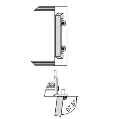 'Illustration of a door handle: Top view shows its attachment to a door; side view clarifies an opening angle of 97.5 degrees.'