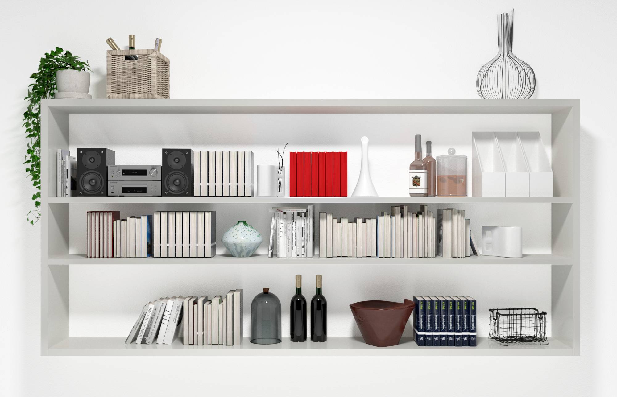 A white shelving unit with books, decorative vases, a speaker system and various bottles and baskets. A plant positioned in the top left corner.
