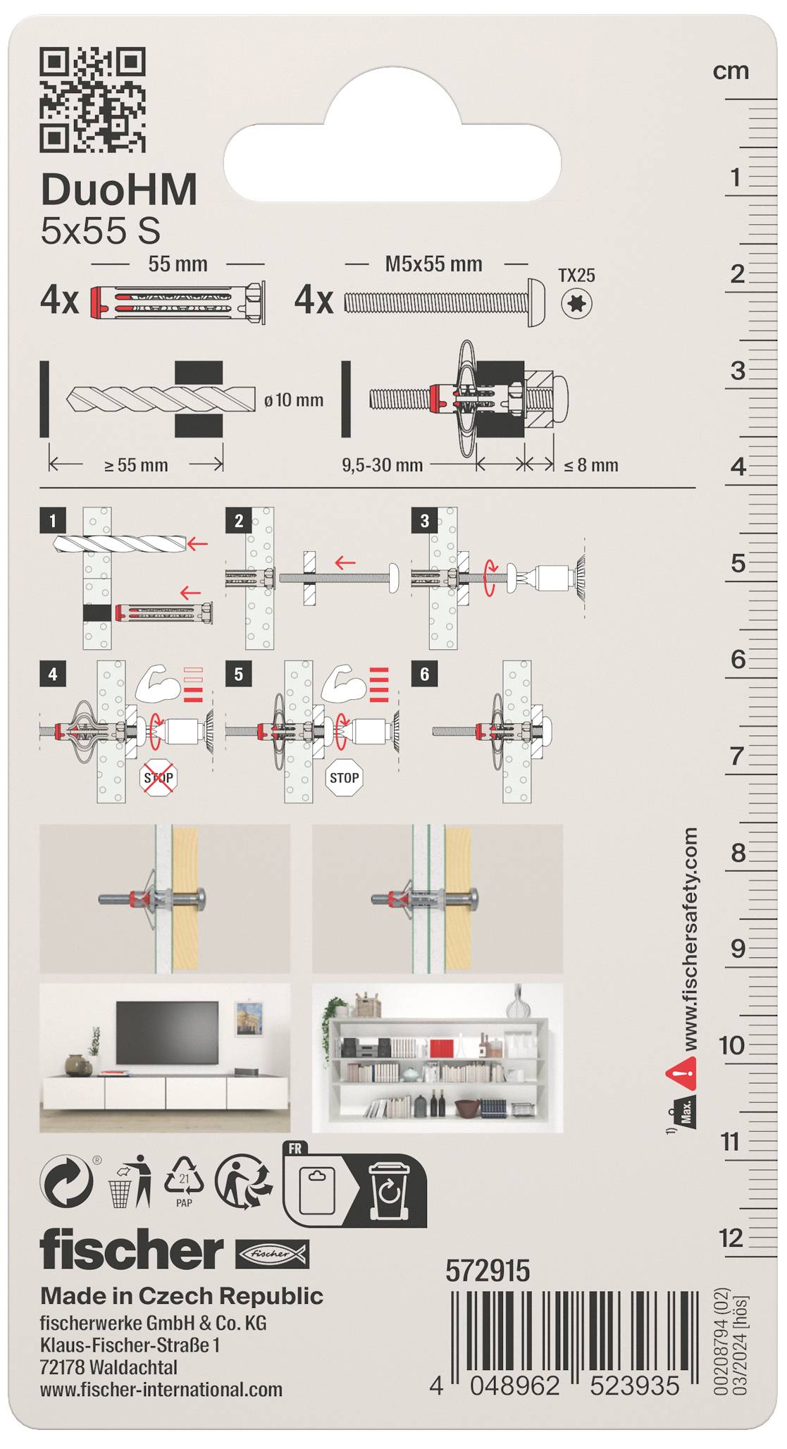 Packaging with Instructions for Installing a Fixing Anchor System, Comprising Drawings and Measurements for Correct Application and Fastening