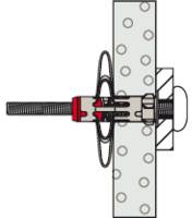 'Mechanical anchor bolt fixing diagram showing side view of bolt inserted through a perforated panel, secured with a nut and washer.'