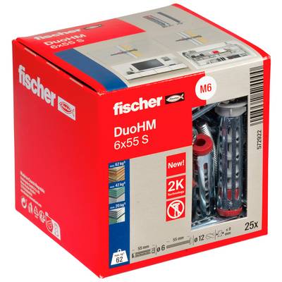 Box of Fischer DuoHM M6 6x55 S wall anchors, 25-piece pack, with product window showing metal anchors and drill size markings.