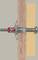 An illustration of a metal wall anchor securing a wooden piece to a wall. The anchor expands inside the wall for firm attachment.