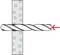 Drill bit enters perforated metal sheet from the left, highlighted by a red arrow indicating drilling direction.