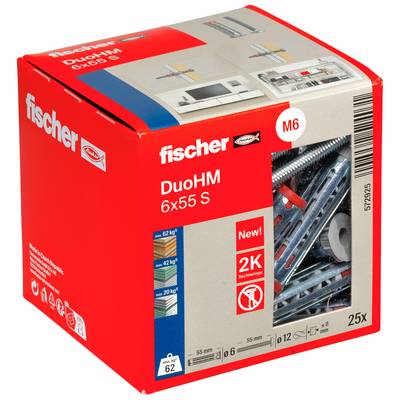 Red Fischer DuoHM 6x55 S M6 anchor box, showing 25 pieces and product illustrations on the packaging.
