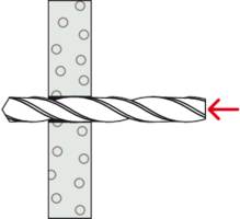 Drill bit penetrating a metal sheet with a red arrow indicating the direction, demonstrating the drilling process.