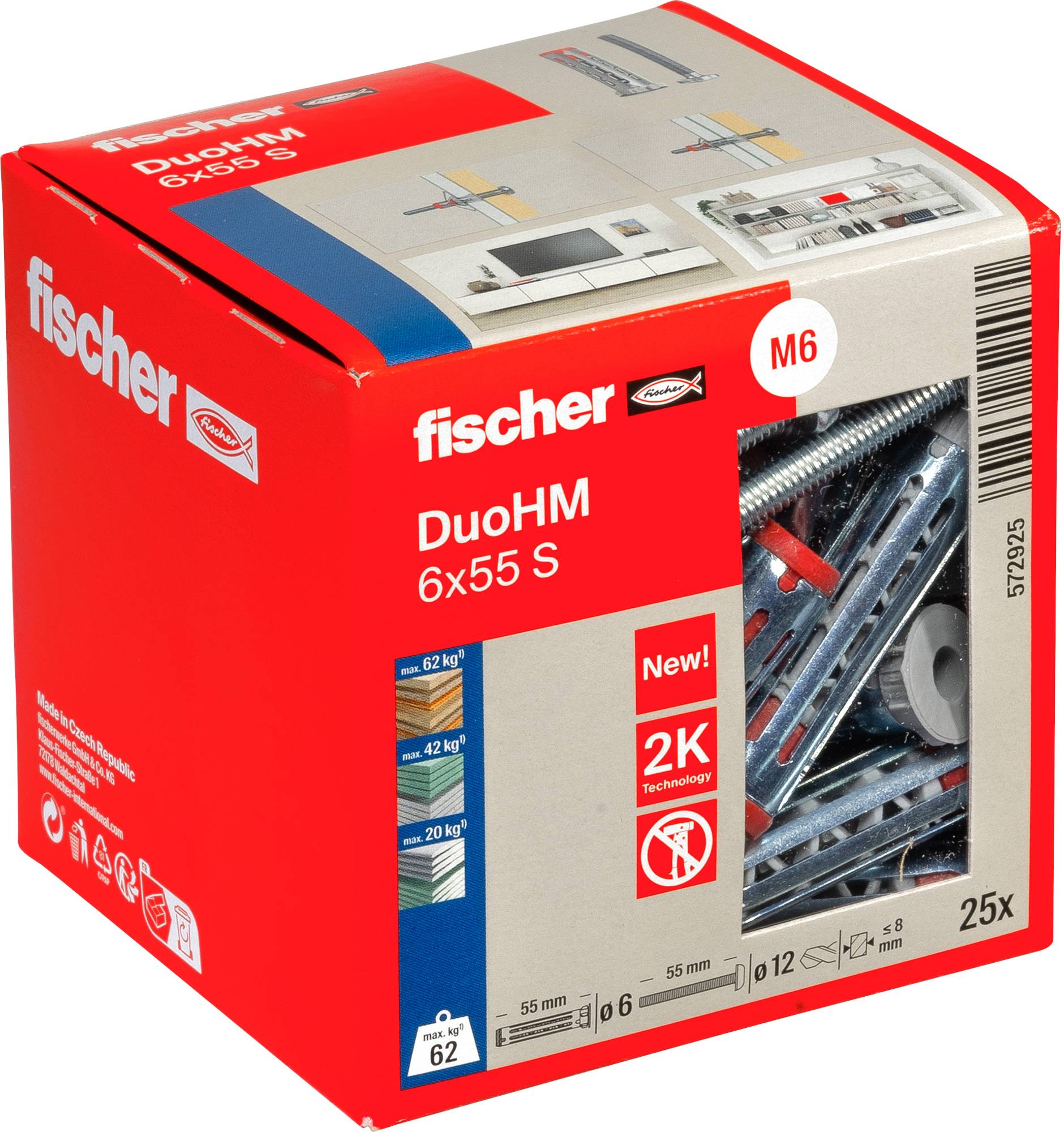 'Fischer DuoHM 6x55 S' box with 25 mixed wall anchors, highlighted 2K technology, includes installation images and technical details.