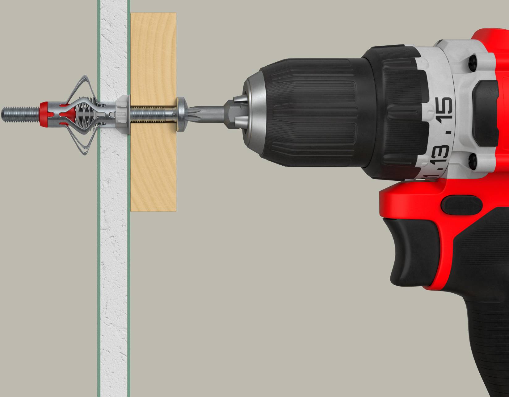 'Illustration of a drill inserting a toggle bolt into a wall with a wooden backing, demonstrating the fastening process.'