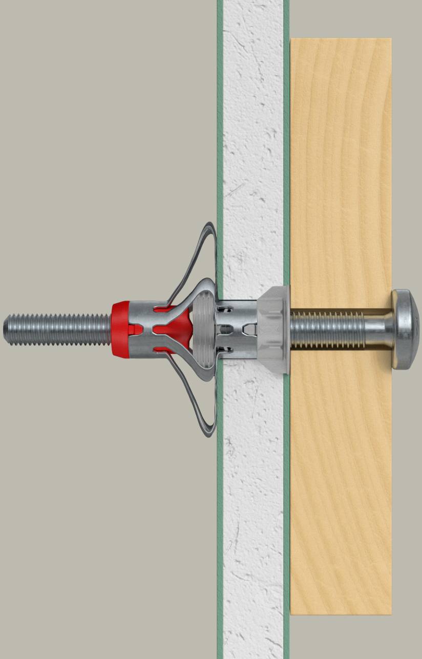 'Diagram showing a cross-section of a toggle bolt securing a wood panel to a drywall, illustrating its anchoring mechanism and components.'