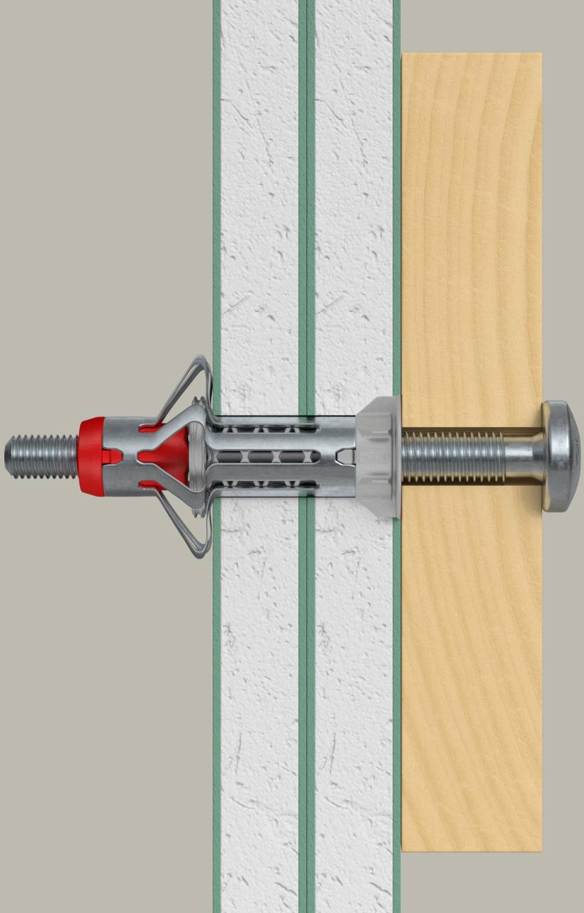 'Cross-section showing a metal anchor bolt fastened through drywall into wood, illustrating secure mounting technique.'