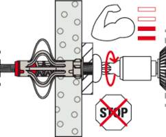 Diagram of a dental tool with a 'STOP' sign, indicating not to proceed. Shows tool operation, bicep icon for strength, and tool parts.