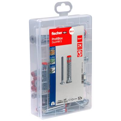 A clear plastic case of Fischer ProfiBox DuoHM S wall anchors and screws, labeled 'M4-6' and '52x', with red and gray packaging inside.