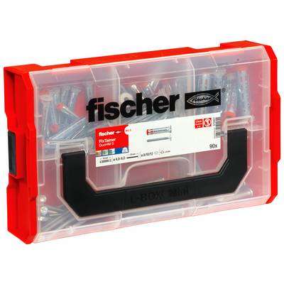 Red Fischer fischer FixTainer Duhm 5 hardware kit box with transparent lid showing assorted screws and wall plugs<br>