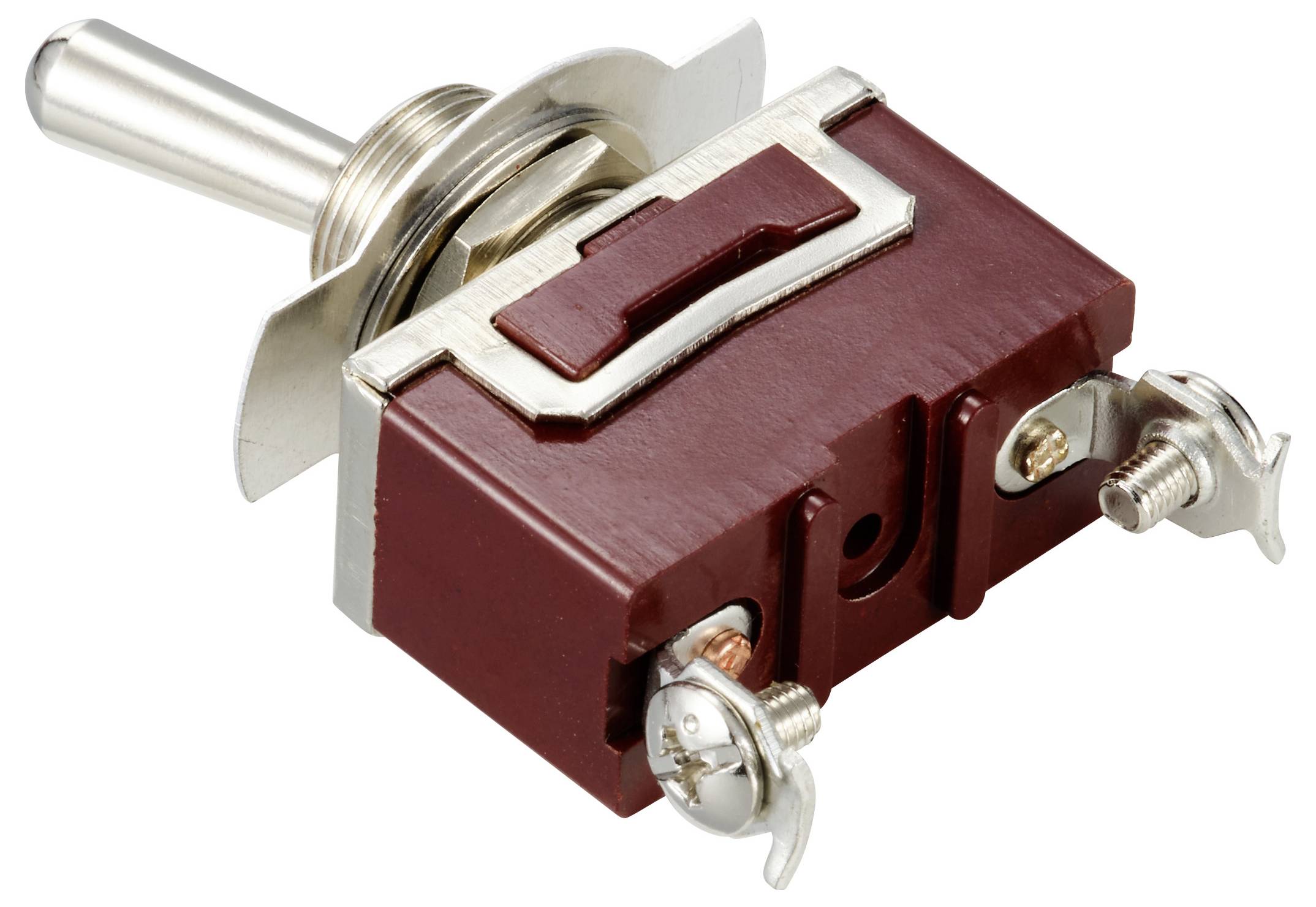 A metal and plastic toggle switch with two connection points, used for controlling electronic devices.