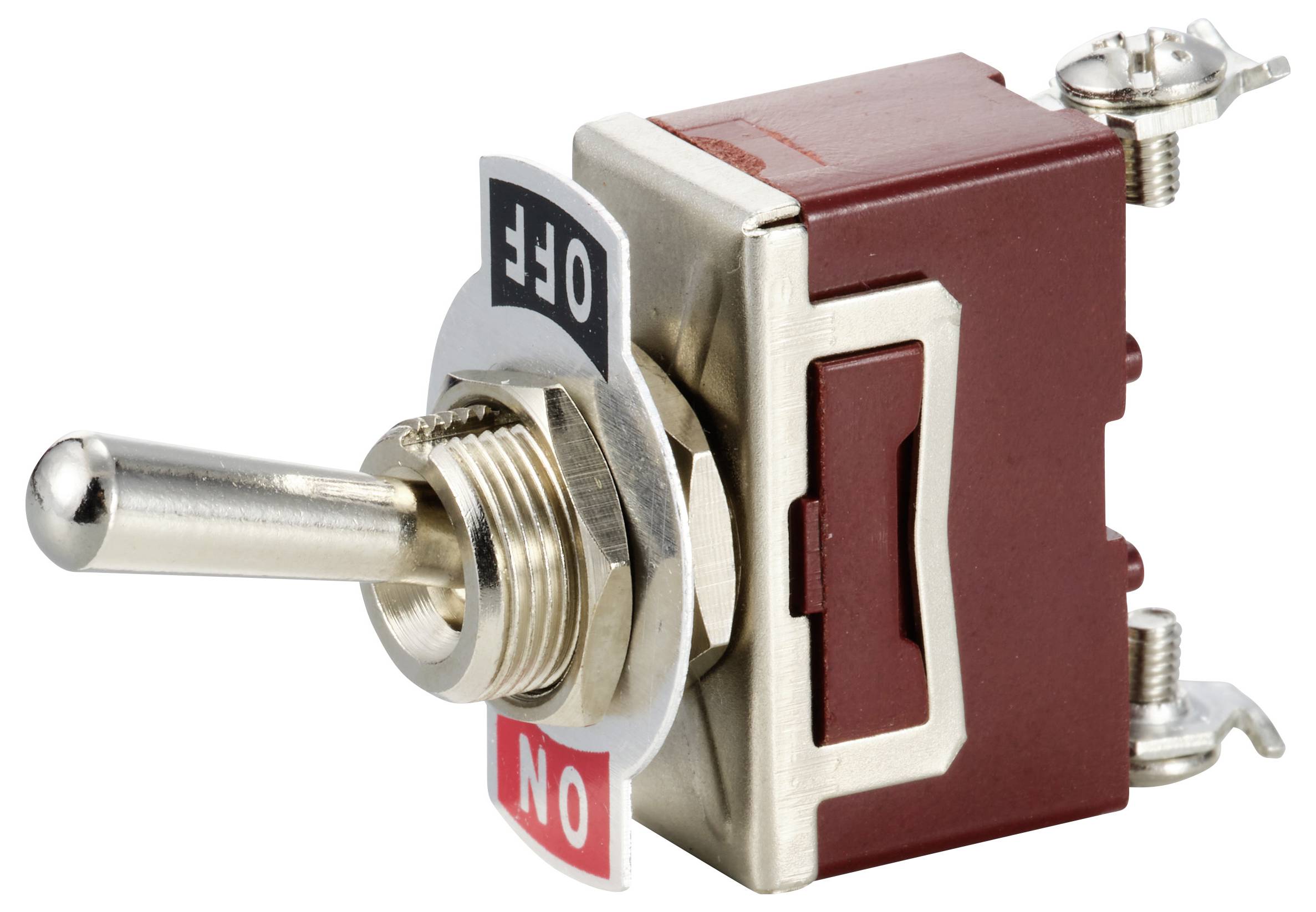 'A toggle switch in the "Off" position with red and black markings for "On" and "Off".'