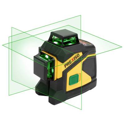 A green laser distance measurer, black and yellow, projects horizontal and vertical laser lines for precise measurements in rooms.