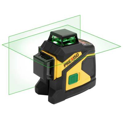 A yellow and black cross-line laser projects green laser lines in two planes for precise levelling and alignment.