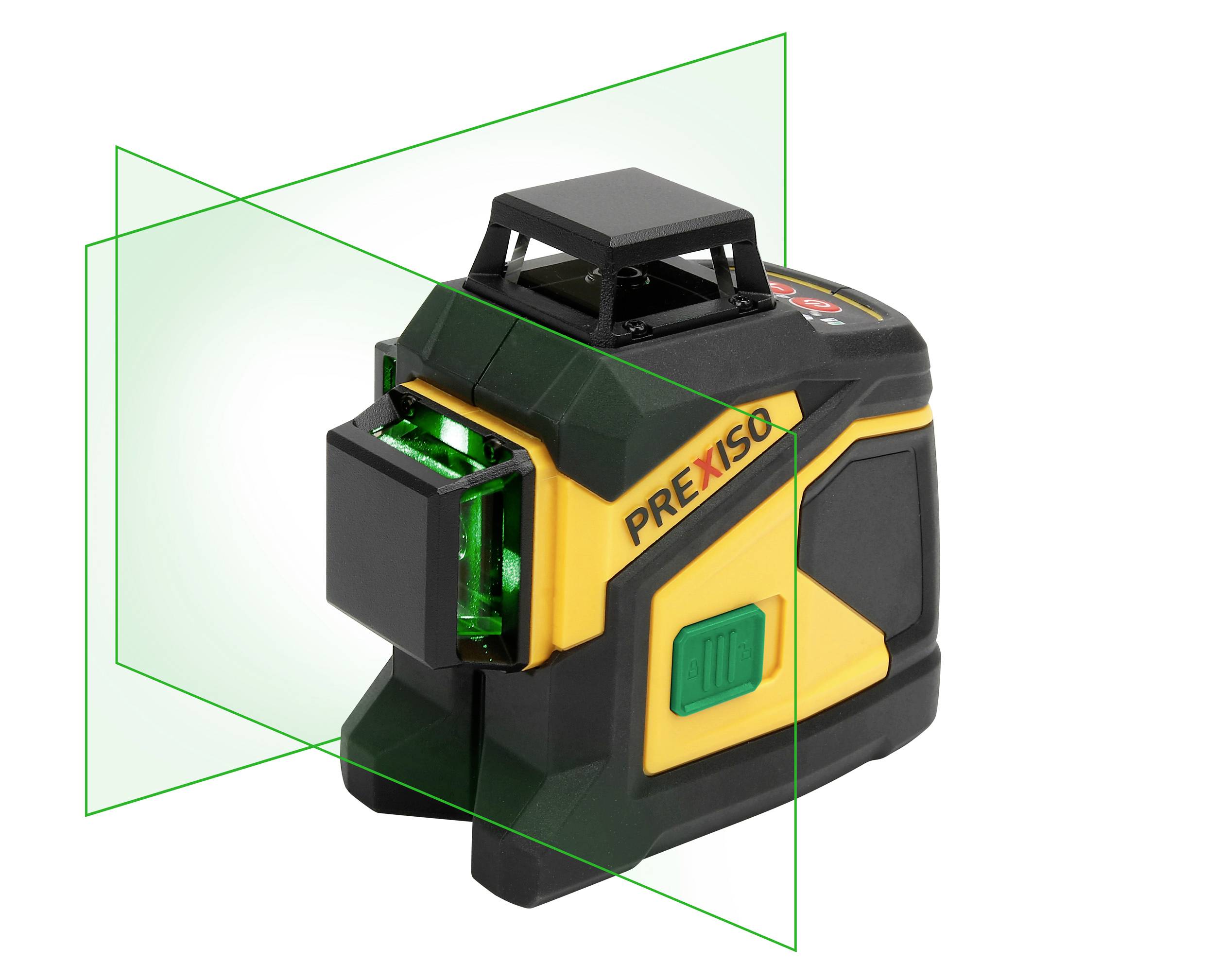 A yellow and black precision laser level device projects green laser lines in two planes for accurate alignment.