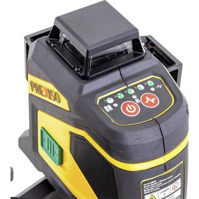 A laser level with a yellow and black housing and indicator lights on the top surface for operational status and settings.