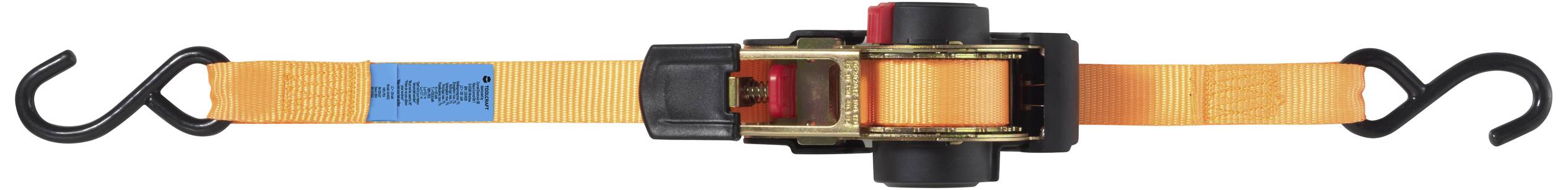 A yellow ratchet strap with a tensioner in the middle and hooks at both ends, used for securing loads.
