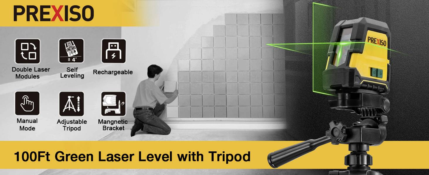 A tradesman is using a green laser levelling device with a tripod against a tiled wall. Functions: dual laser, self-levelling, rechargeable.