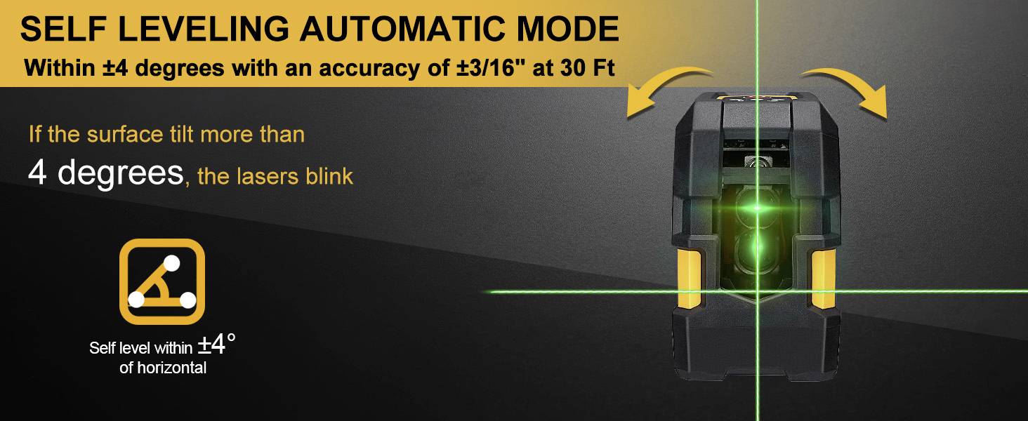 Laser Level in automatic self-levelling mode. Correction for inclination of ±4 degrees, accuracy of ±3/16 inch over 30 feet.