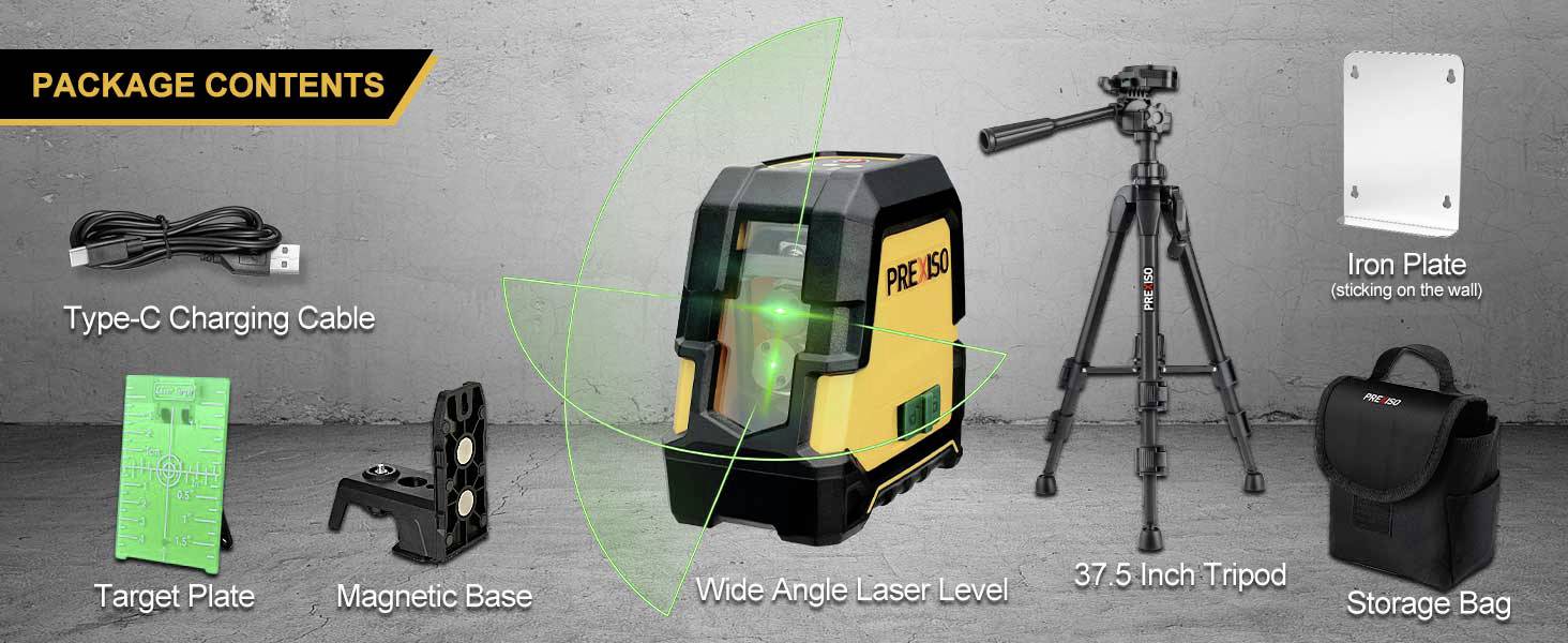 'Package Contents: Wide-Angle Laser Mirror, Type-C Charging Cable, Target Plate, Magnetic Base, 37.5-inch Tripod, Iron Plate, Storage Bag.'