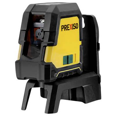 Yellow and black cross-line laser with 'Prexiso' written on the front. The device is mounted on a sturdy black tripod.