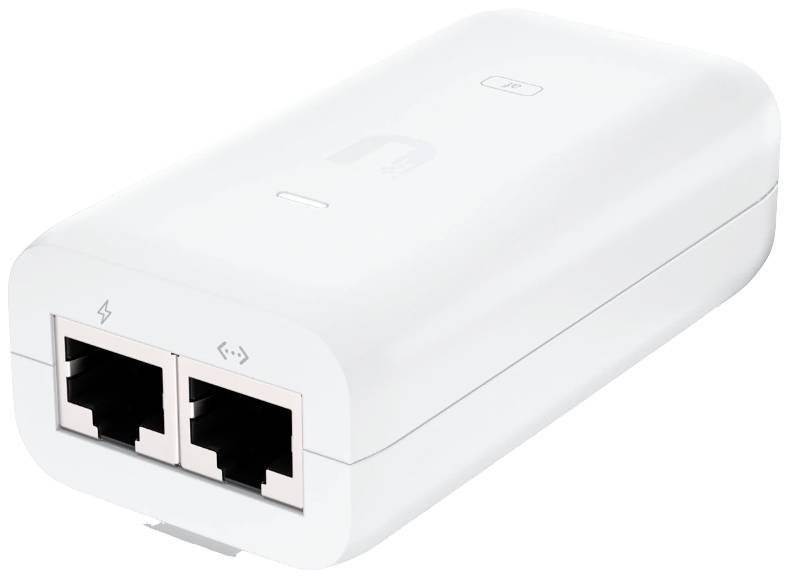 A white network adapter with two Ethernet ports, used for connecting devices in a home or office network.