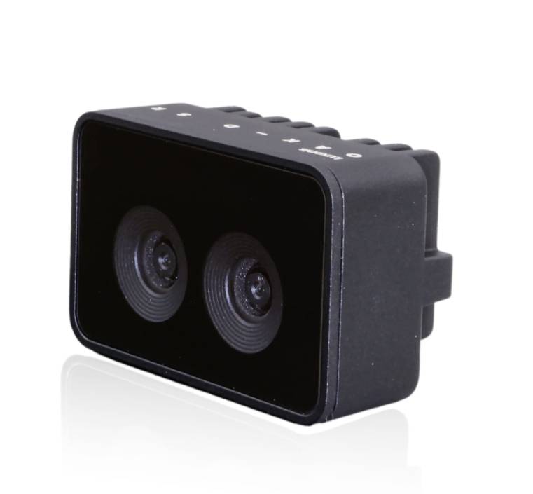 Black camera with two lenses in landscape orientation, suitable for spatial recognition and 3D analysis. Developed for industrial applications.