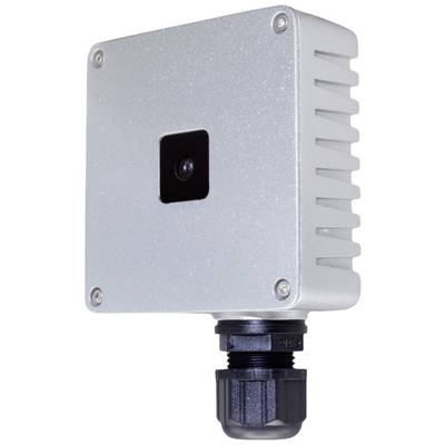 Metal camera housing with front lens and black connector on the underside. Used for industrial applications.