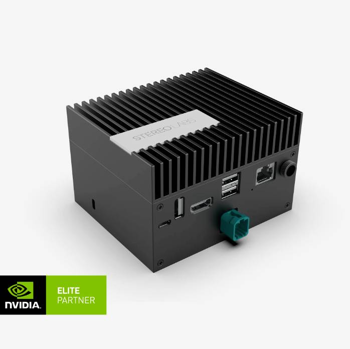 Compact black computer hardware with multiple ports, including HDMI and USB, featuring a 'Stereo Labs' inscription. Nvidia Elite Partner logo.