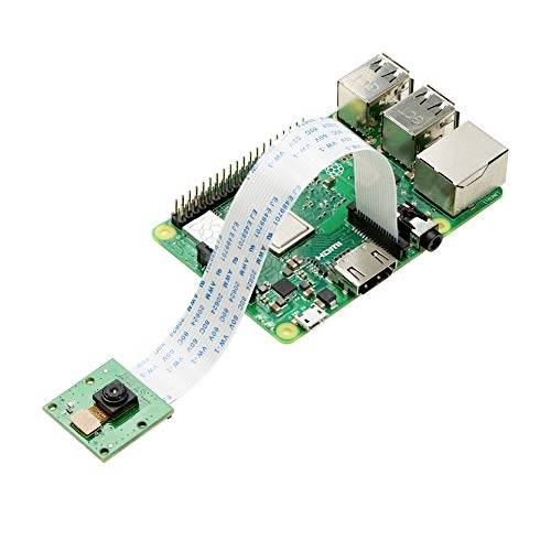 A Raspberry Pi with an attached camera on a ribbon cable, suitable for electronic projects and image processing.