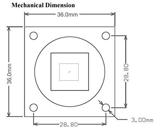 'Mechanical Dimensions': Figure shows a square component, 36.0 mm side length, with central hole and four mounting points.