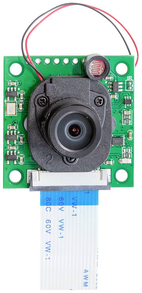 'Raspberry Pi Camera Module with green circuit board and cable connection, showing lens and electronic components.'
