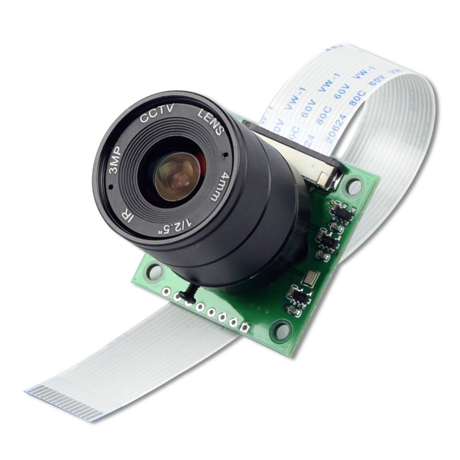 A small CCTV camera with a wide-angle lens sits on a green circuit board, connected with a flat, white cable.