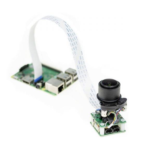 'Raspberry Pi circuit board with a camera connected via a flat ribbon cable; Used for image recording and computer control.'