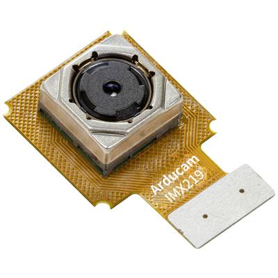 'Arducam IMX219 camera module, square with a centric lens, mounted on a flexible, golden plastic substrate.'