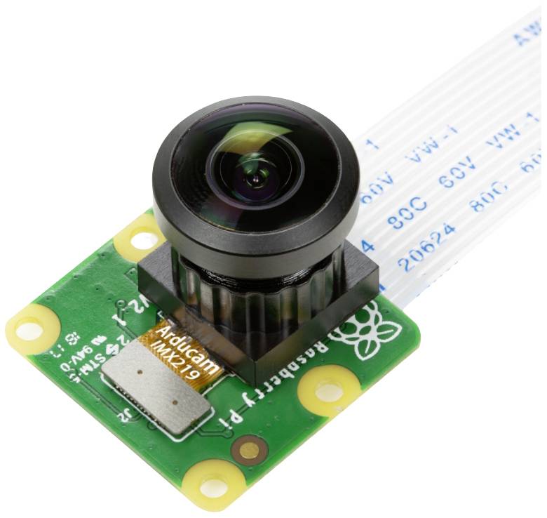 Small green camera with lens on a circuit board, connected with a flat ribbon cable. Brand logo visible in the bottom right.