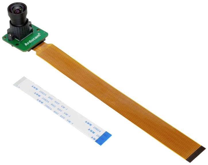 Small camera with flat ribbon cable, ideal for electronics projects and Raspberry Pi integration.